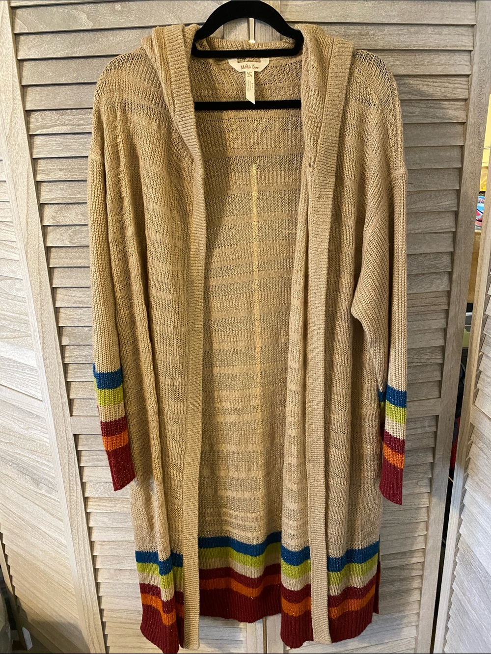 Matilda Jane Beige Hooded Open-Front Cardigan with Rainbow Stripe Trim